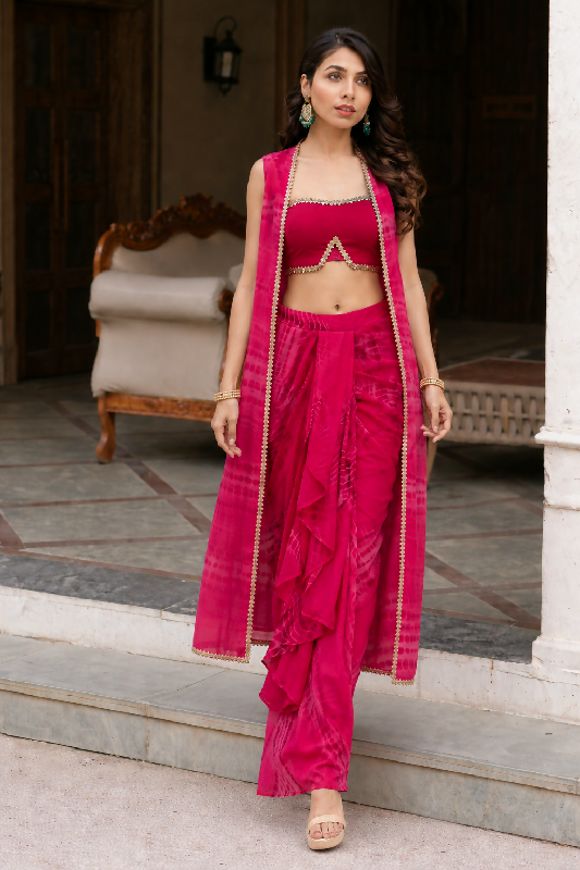 Pink indo western crop top with dhoti skirt and jacket 3pc set