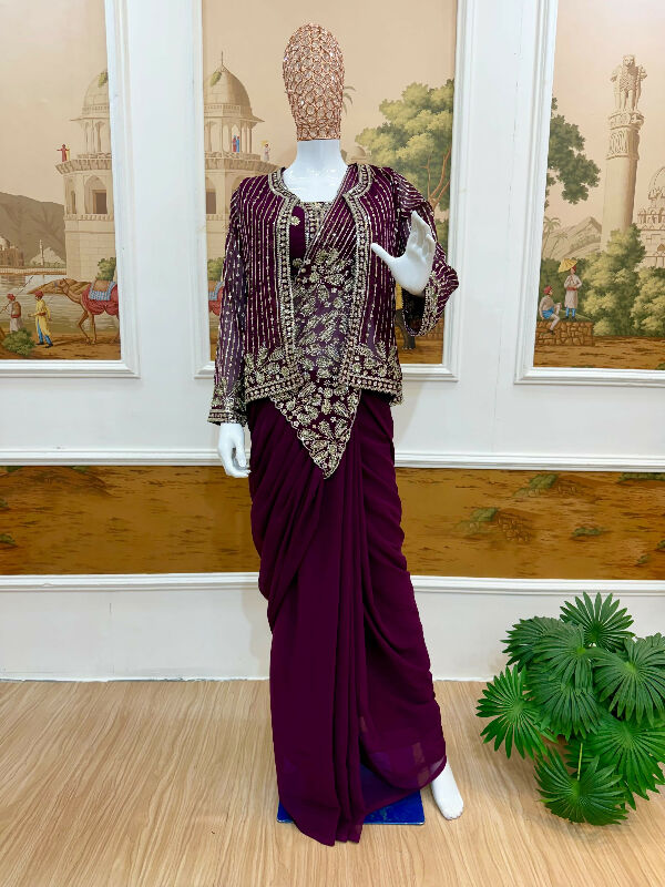 Pink indo western blouse with saree and jacket 3pc set