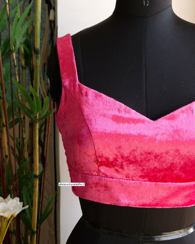 Hot Pink Velvet Saree Lehenga Blouse Sleeveless Sweetheart Neck