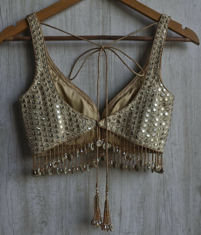 Champagne Gold Saree Blouse, Tissue Silk Sweetheart Neck, Mirror Fringes