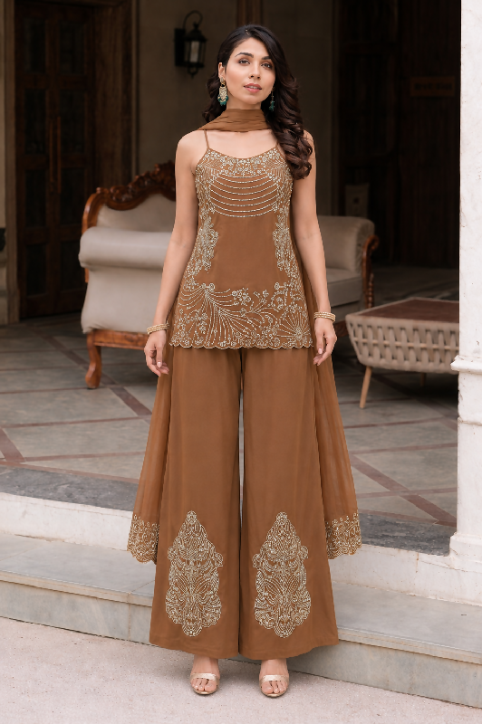 Brown spaghetti sleeveless kurta salwar set with dupatta