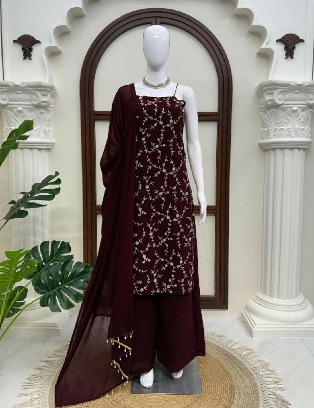 Brown spaghetti sleeveless indo western kurta with palazzo and dupatta 3pc set
