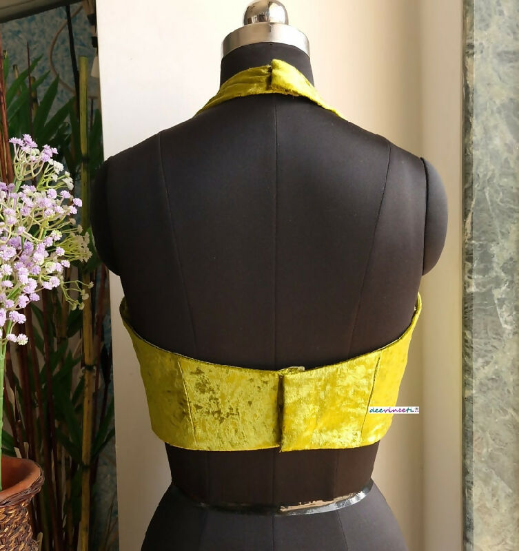 Olive Green Viscose Velvet Halter Neck Saree Lehenga Blouse