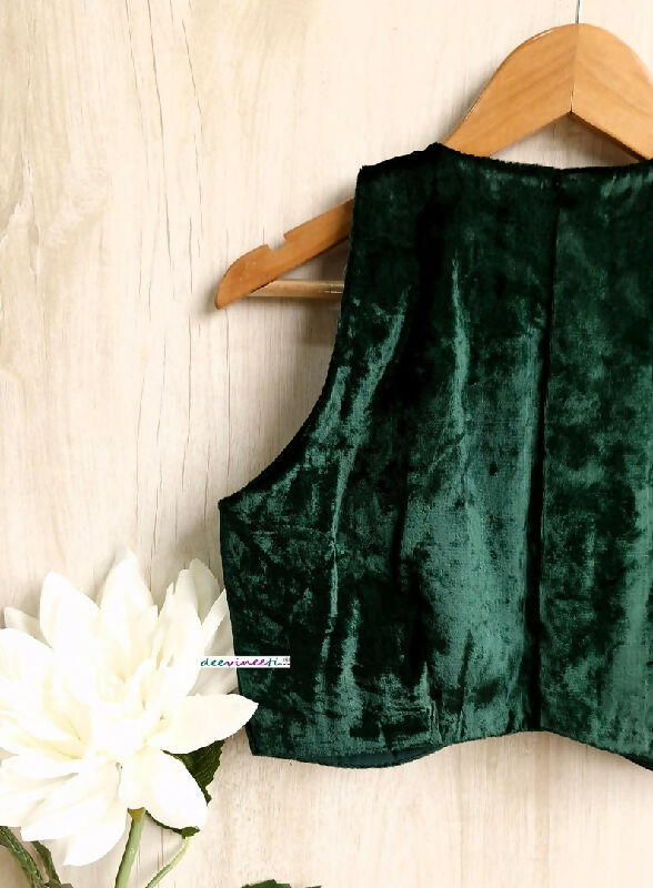 Bottle Green Viscose Velvet Saree Lehenga Blouse Jewel Neck