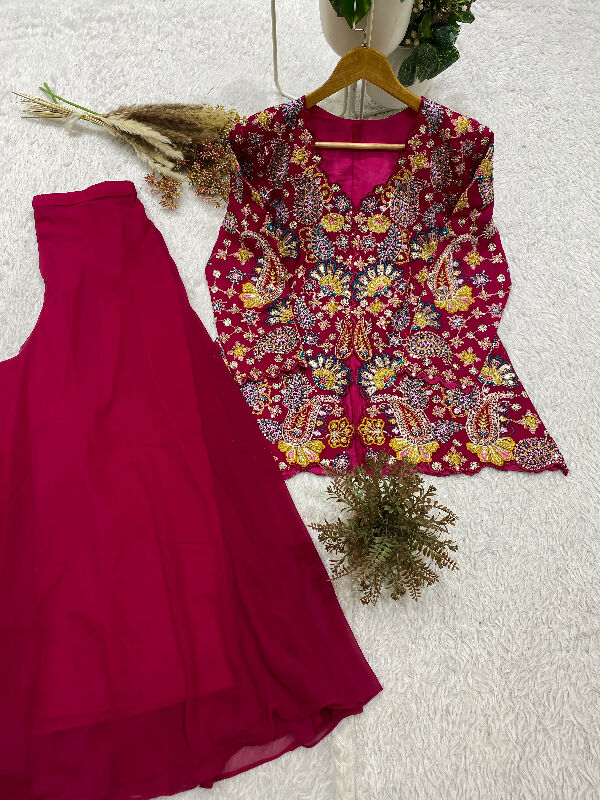 Purple indo western front slit kurti with palazzo set