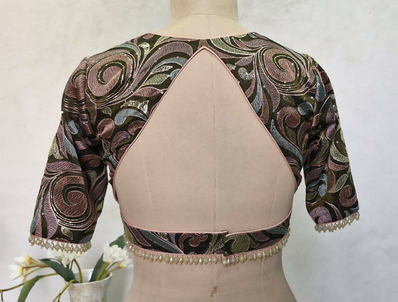 Deep Olive Green Embroidered Tissue Silk Saree Blouse, Elbow Sleeves