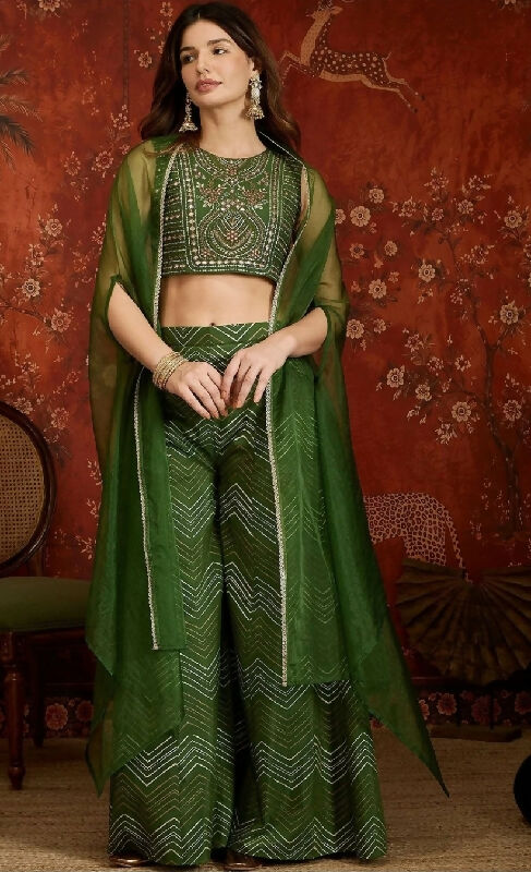 Green indo western top with palazzo and shrug 3pc set