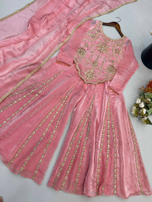 Pink crop top with flaired palazzo and dupatta 3pc set