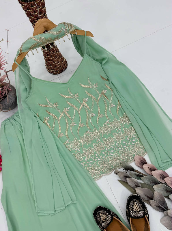 Green spaghetti kurta salwar suit with dupatta set