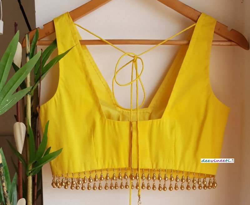 Yellow Blended Raw Silk Trapeze Neck Blouse Gold Bead Fringe