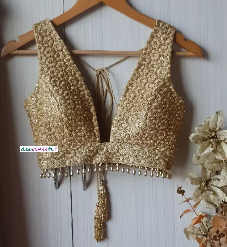 Embroidered Gold Georgette Saree Blouse, Plunge Neckline DVBL_139