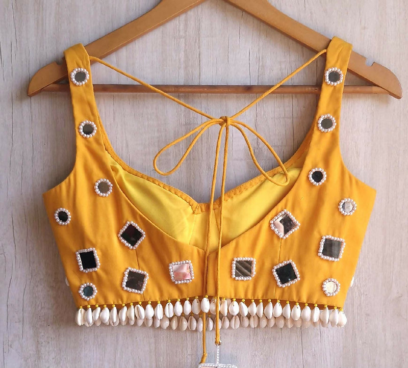 Amber Yellow Rayon Cotton Blouse, Mirror Embroidered Semi Sweetheart Neckline