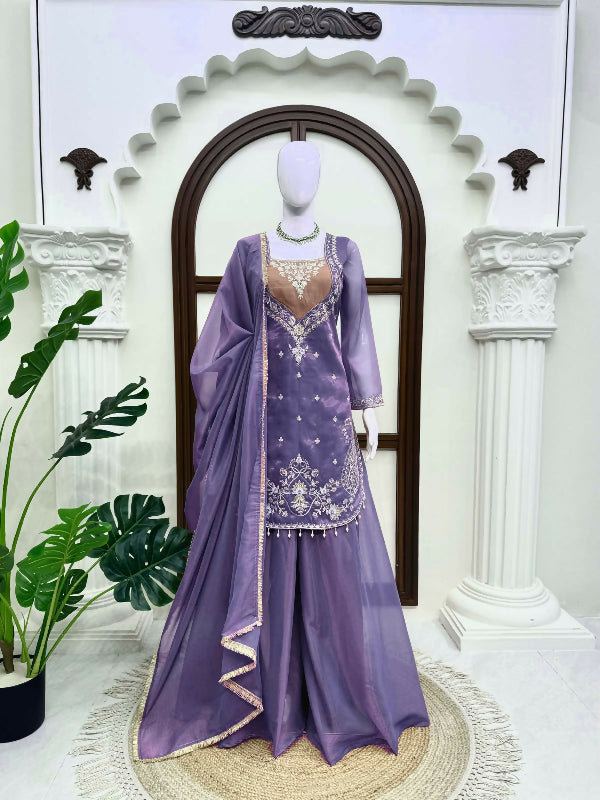 Purple silk choli u cut suit with palazzo and dupatta 3pc set