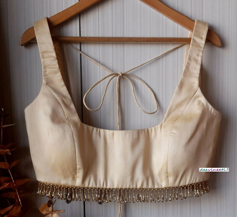 Light Gold Blended Raw Silk Deep Square Neck Blouse