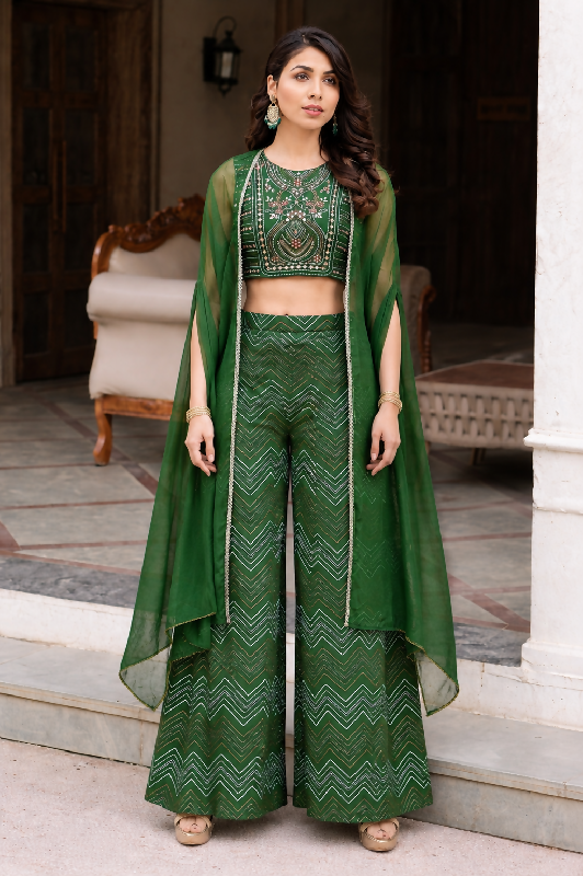 Green indo western top with palazzo and shrug 3pc set