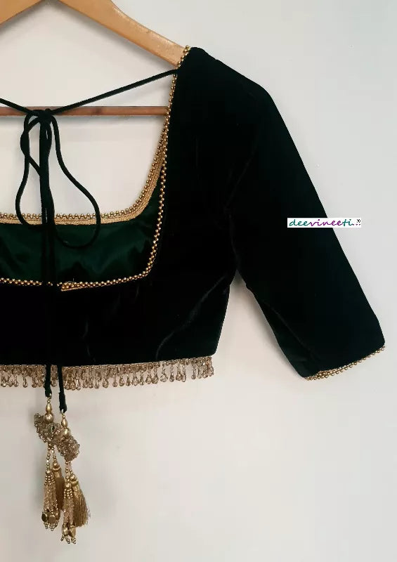 Dark Green Velvet Saree Lehenga Blouse Square Neck