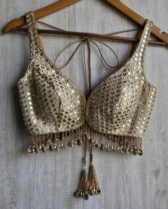 Champagne Gold Saree Blouse, Tissue Silk Sweetheart Neck, Mirror Fringes