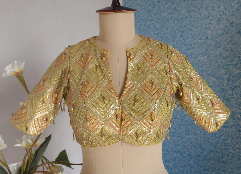 Embroidered Georgette Saree Blouse, V Neck Elbow Sleeves