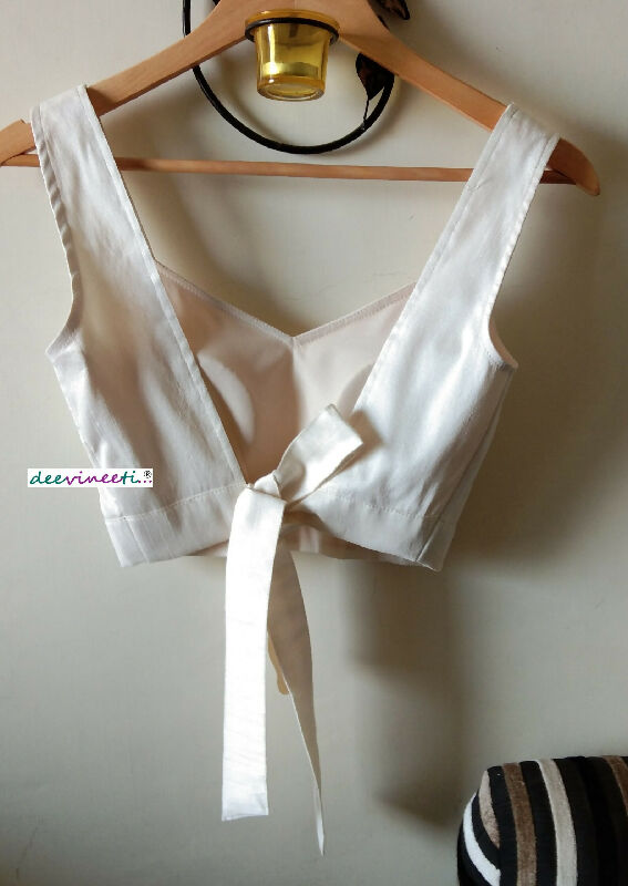 Off White Blended Raw Silk Blouse Sleeveless, Backless