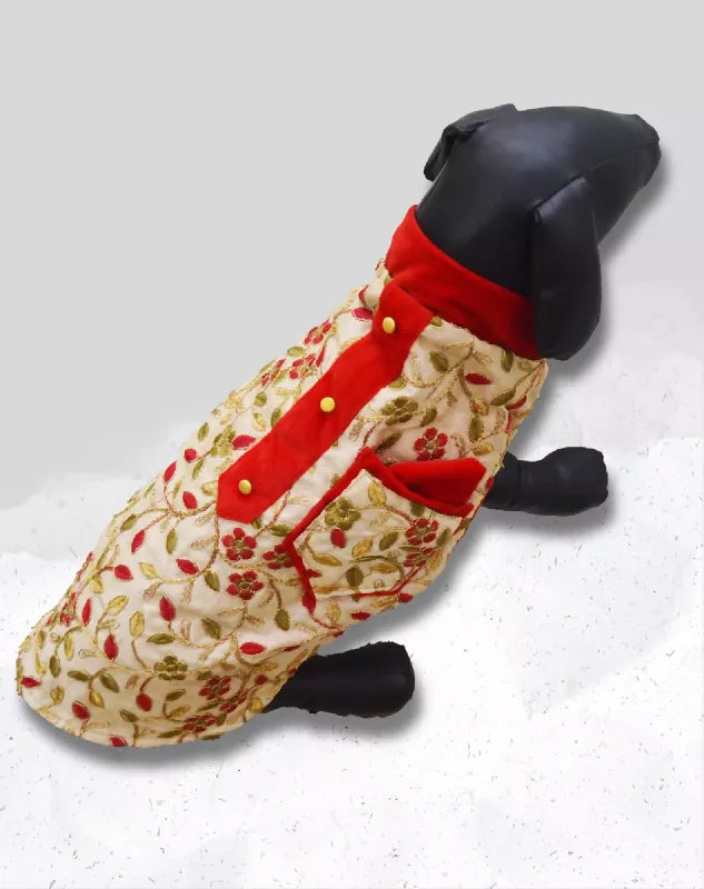 Gold Sherwani For Dogs & Cats - Festive wear with Gold & Red embroidery | Ethnic Kurta Sherwani for Dog, Cat and Puppy | Ethnic Wear | Mehendi - Dress - Party - Diwali - Wedding Wear