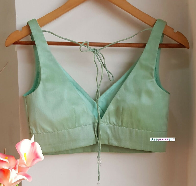 Mint Green Blended Raw Silk Deep V Neck Blouse