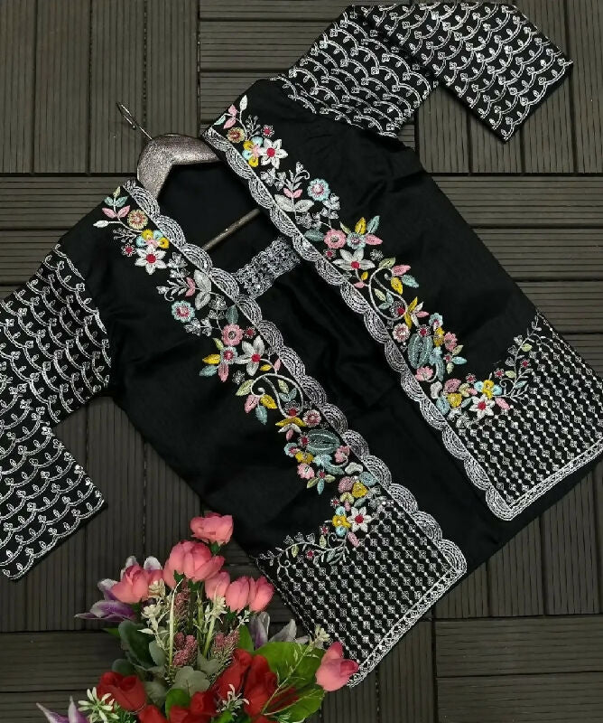 Black ready to wear pleated saree with blouse and cape jacket