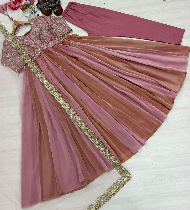 Pink pleated multicolored flaired anarkali suit with pent and dupatta 3pc set