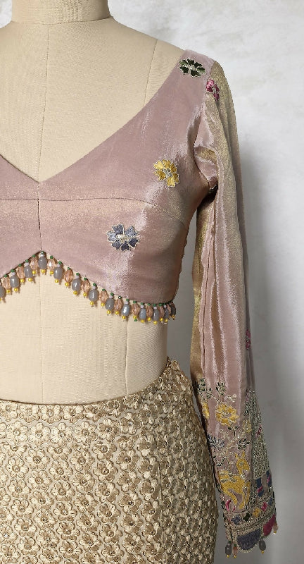 Embroidered Dusty Rose Pink Tissue Silk Blouse Long Sleeves