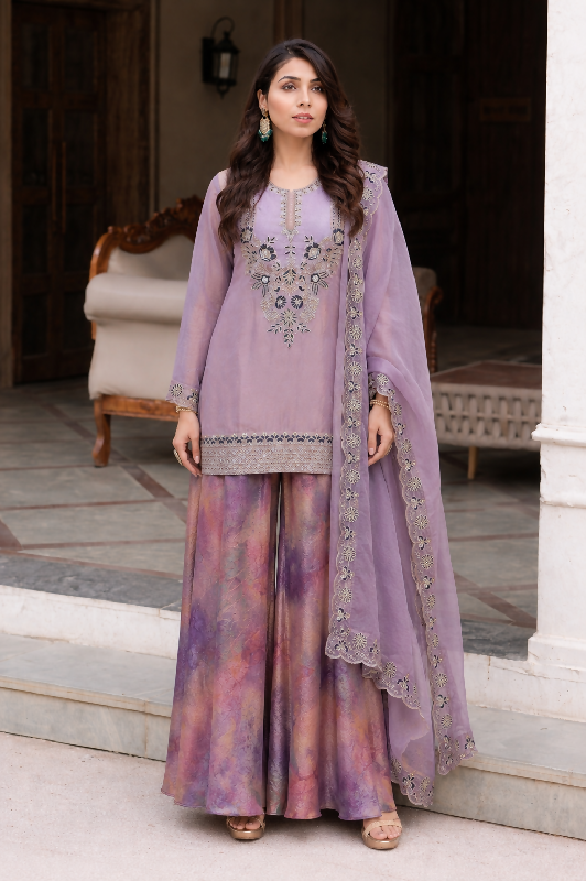 Purple silk kurti with printed shiny palazzo and dupatta set