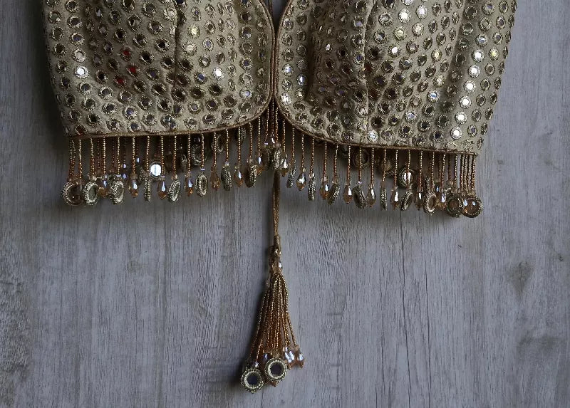 Champagne Gold Saree Blouse, Tissue Silk Sweetheart Neck, Mirror Fringes