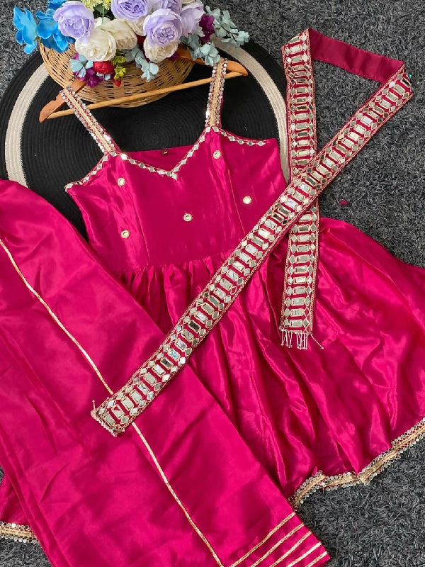 Pink v neck mirror work sleeveless kurta with palazzo and dupatta 3pc set