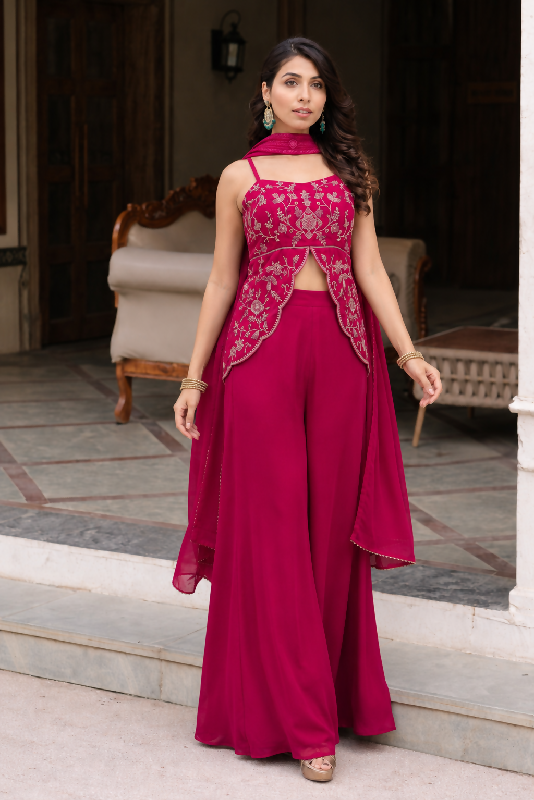 Pink indo western crop top with palazzo and dupatta set