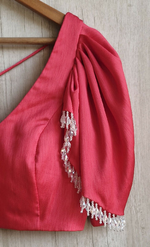 Pink Art Silk V Neck Ruffle Sleeves Blouse