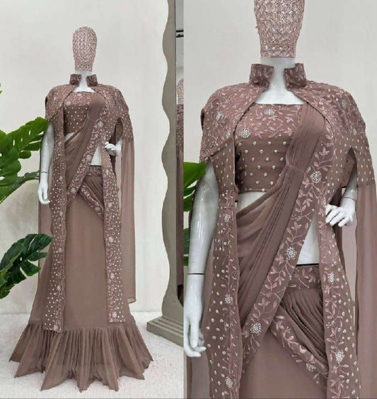 Brown ready to wear lehenga saree with cape set