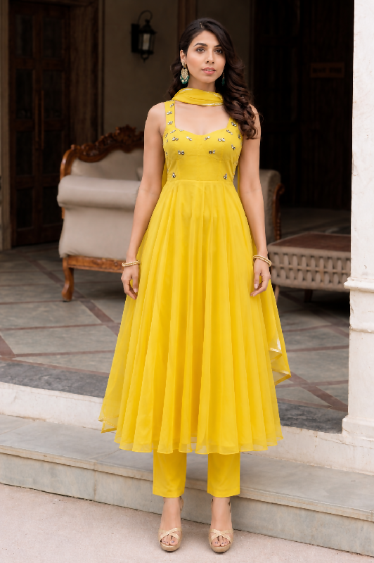 Yellow corset flaired anarkali suit with pent and dupatta 3pc set