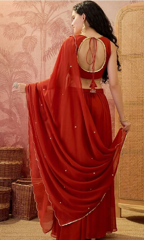 Orange short back crop top kurta with palazzo and dupatta set