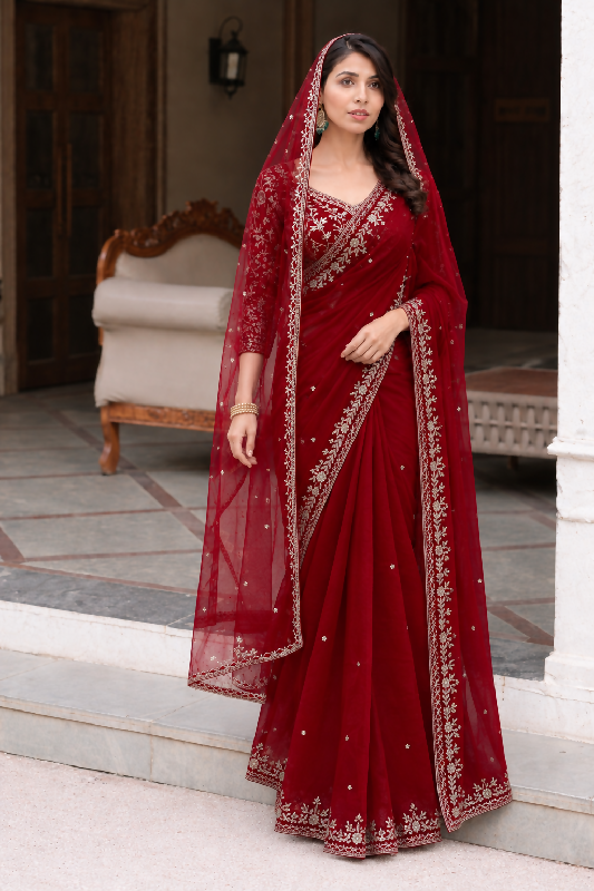 Red bridal fancy saree with blouse and dupatta 3pc set