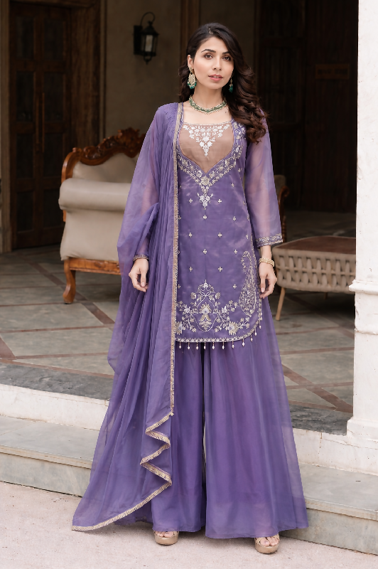 Purple silk choli u cut suit with palazzo and dupatta 3pc set