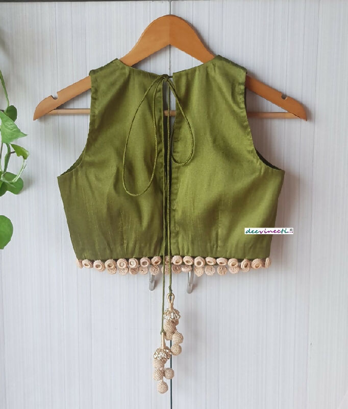 Olive Green Raw Silk Deep V Neck Blouse with Mirror Fringes