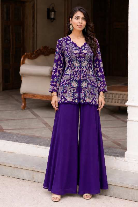 Purple indo western front slit kurti with palazzo set